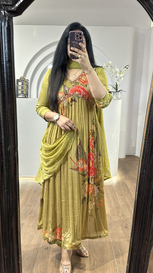 Mehendi Green Floral Alia Cut Suit Set